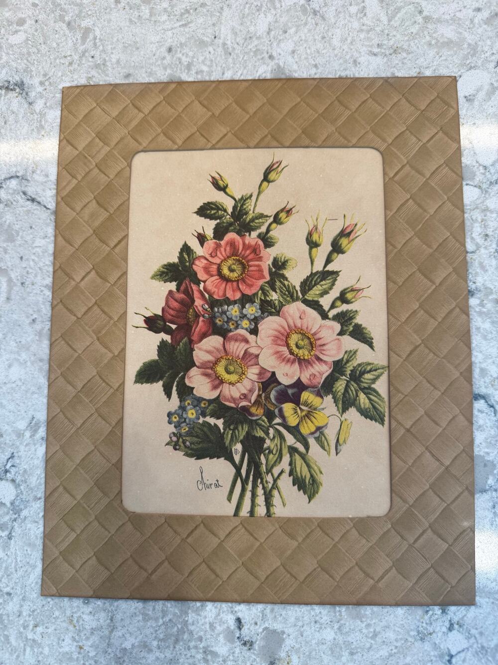 1940s Repro Vintage Benoit Chirat Botanical Print Pink Roses and Pansies JL
